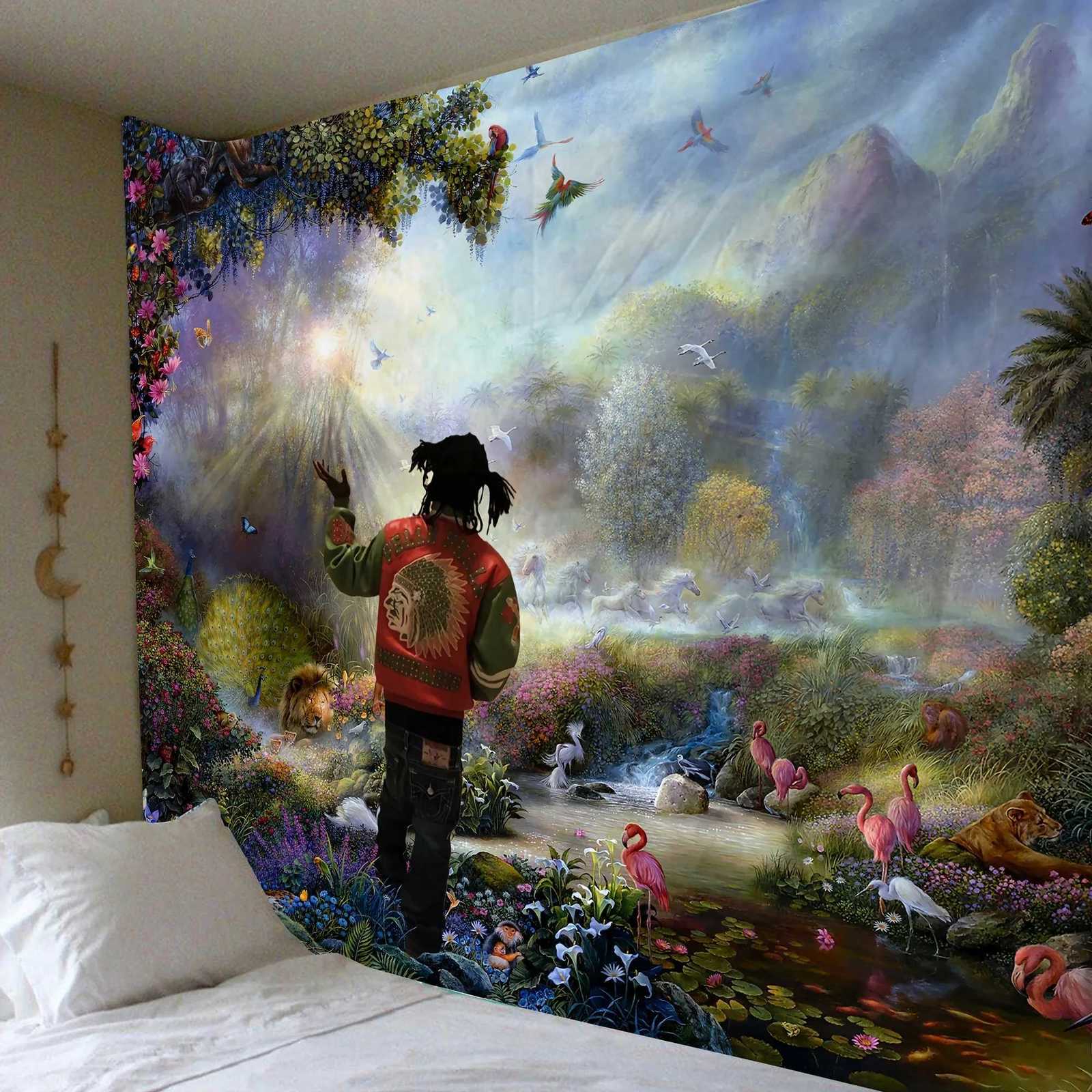 1pcs Landscape Flower and Bird Printed Tapestry Wall Hanging Tapestry for Bedroom and Living Room Festival Party DecorationM251125