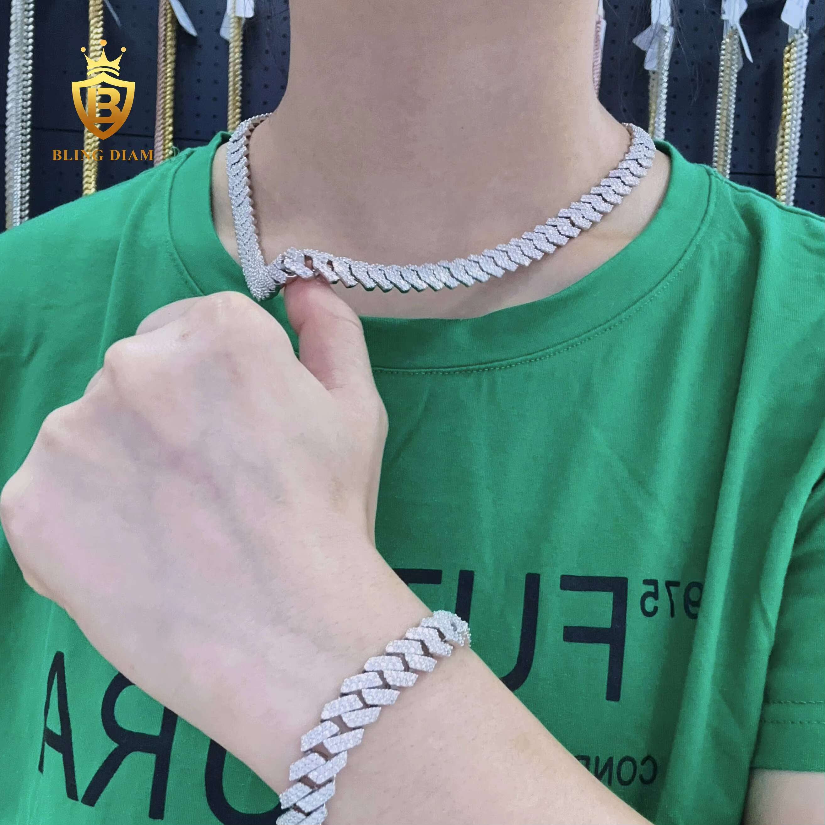Blingdiam Jewelry Hip Hop 10mm Cuban Link Chain 2row VVS Moissanite Cuban Chains Necklace for Men