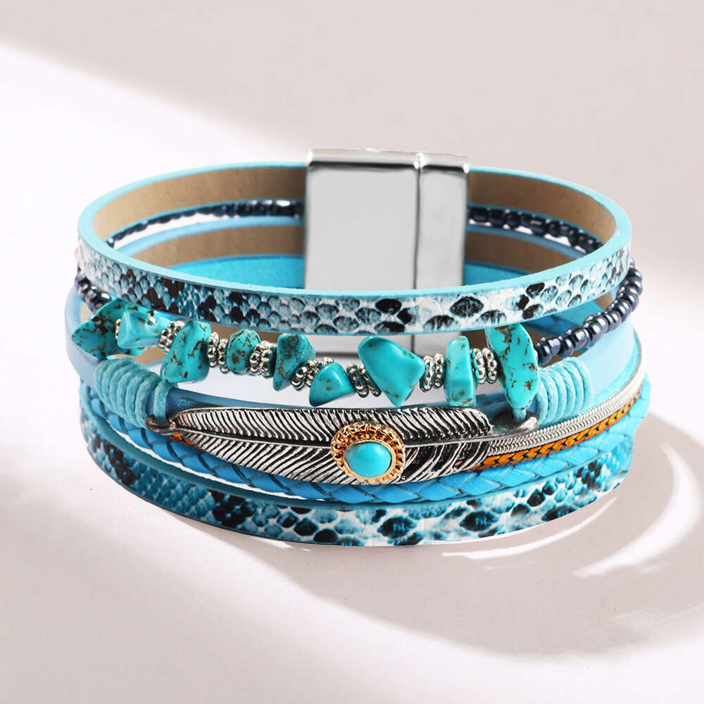 Women's Feather Trendy Personalized Turquoise Crushed Stone Multi layer Leather Bracelet