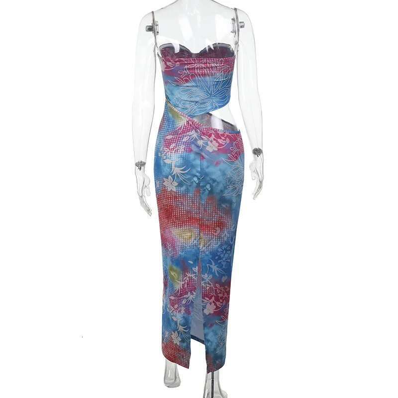 Dongdumaoyi Townlike Print Slim Bodycon Dress Women Strapless Spring Summer Maxi Long Hollow Out Nightclub Sexy Party Dresses