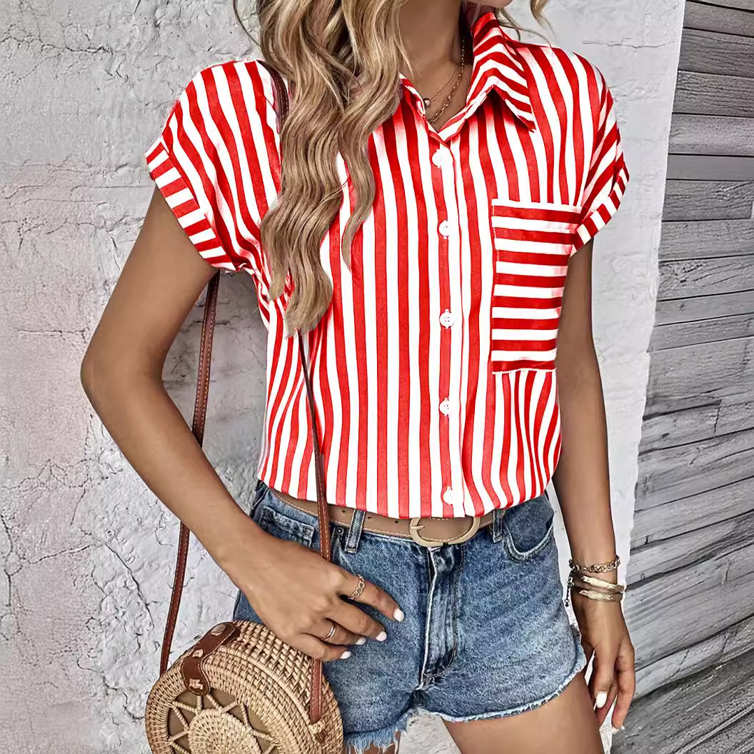 2024 Summer V-neck Pocket Striped Printed Shirt for Women