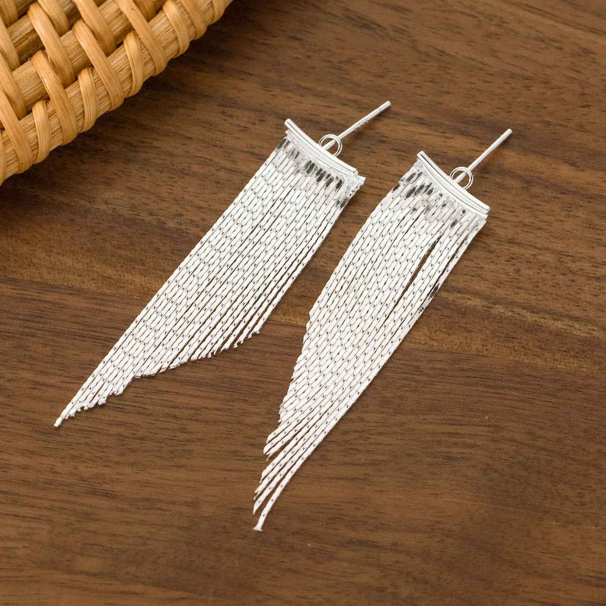 La Monada Womens Silver 925 Earrings with Perforated Long Pendant Tassel Chain Silver Stud Earrings Elegant Double Style for Girls 250422