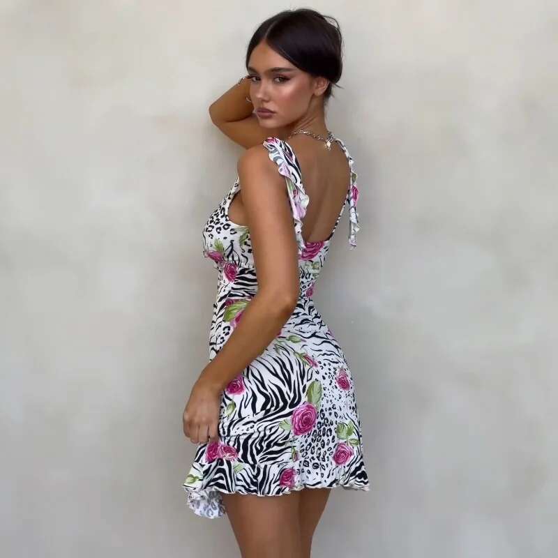 Dongdumaoyi Townlike Print Slim Bodycon Dress Women Spaghetti Strap Mini Summer V Neck Backless Nightclub Sexy Party Dresses