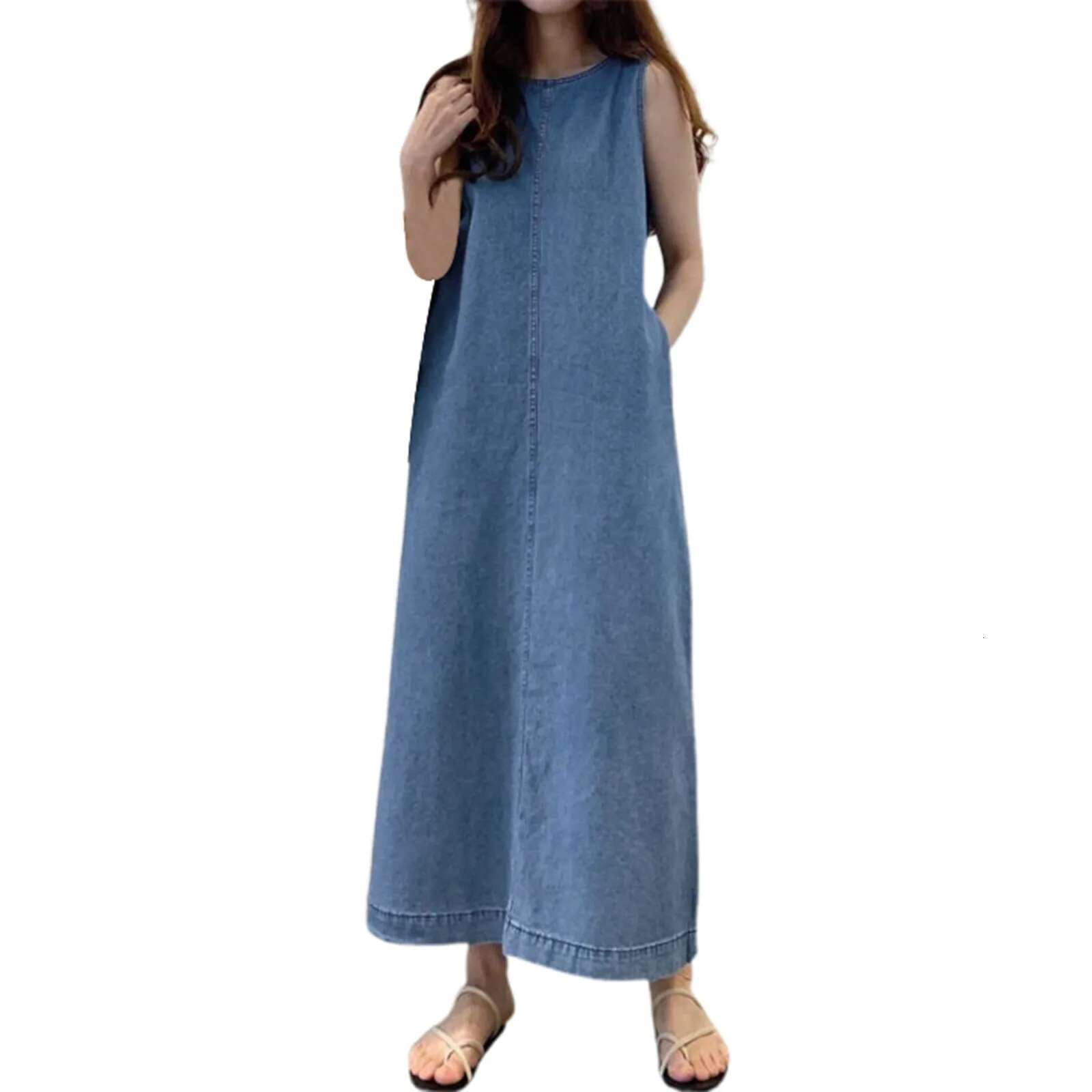 Dongdumaoyi Summer Elegant Women Denim Pleated Long Sundress Fashion Casual Loose Sleeveless Robe A Line Maxi Vestido Dresses