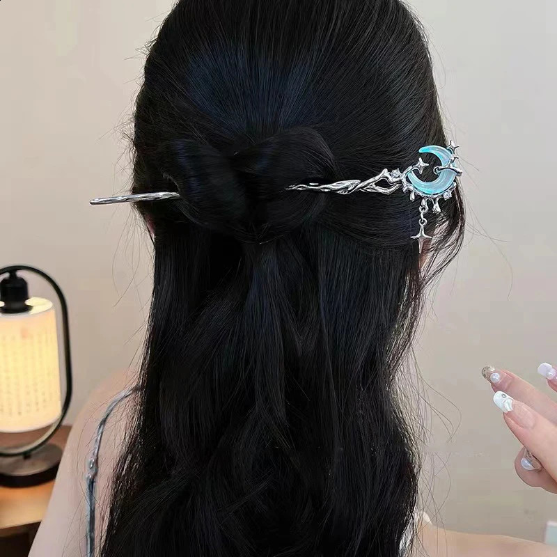 Romantic Moon Stone Star Hair Stick Metal Branch Clip Chinese Style Girl Jewelry 250417