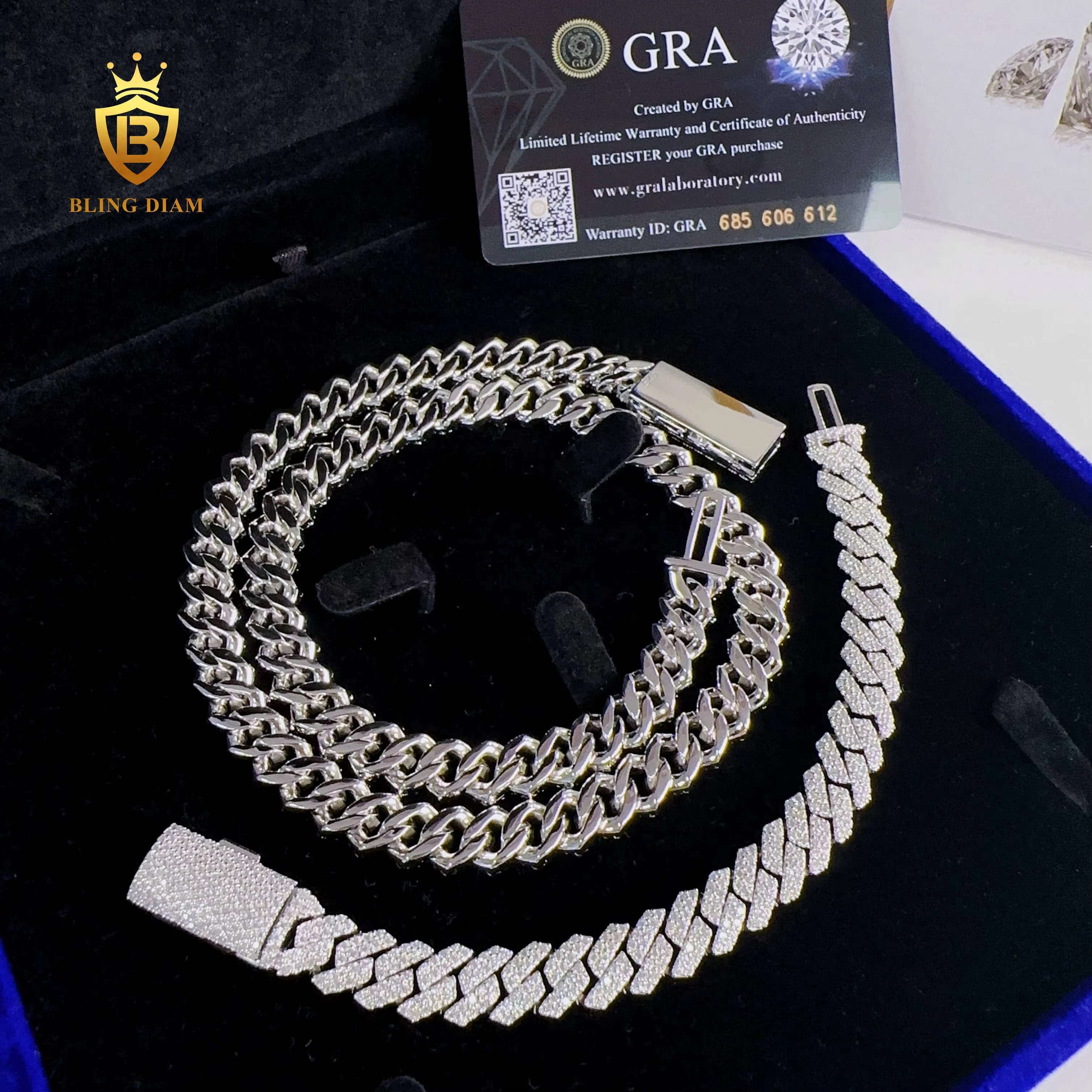 Blingdiam Jewelry Hip Hop 10mm Cuban Link Chain 2row VVS Moissanite Cuban Chains Necklace for Men