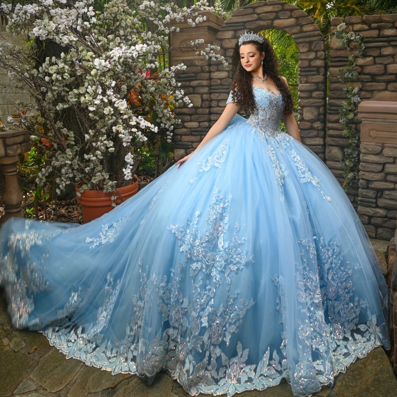 Sky Blue Quinceanera Dresses Off Shoulder Ball Gown Sweet 16 Dress Applique Lace Beads Bow Birthday Party Vestidos 15 De Anos
