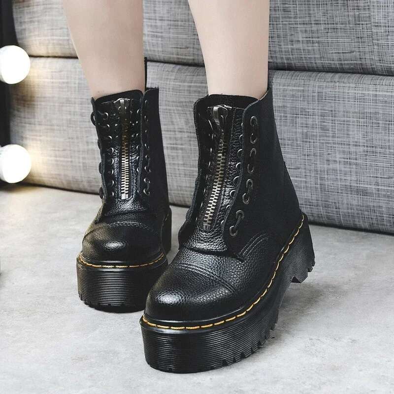 Women Genuine Leather Platform Motorcycle Shoes Front Zipper Optical Soles Fashion Sexy Punk Men Winter Boots 35-46