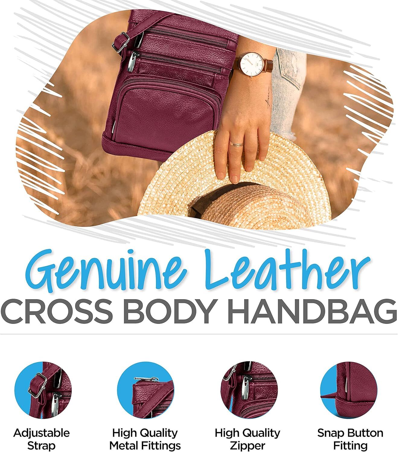 Leather Purses For Women, Multi Pocket Crossbody With Adjustable Strap, Soft & Durable Leather Purse