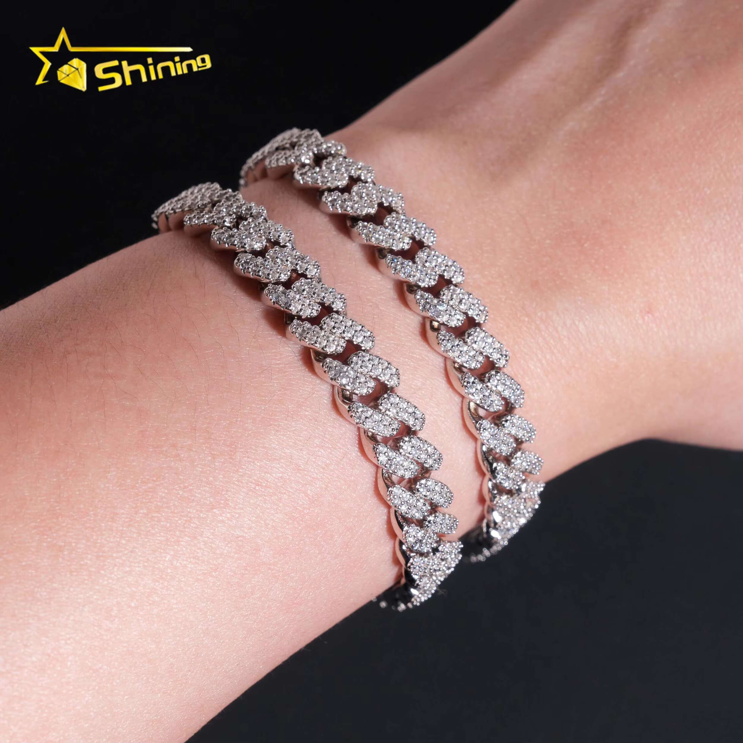 Hot Selling 925 Sterling Silver 8mm Width 2 Row Hip Hop Iced Out Moissanite Cuban Link Bracelet