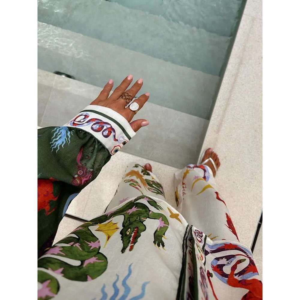 2 Piece Suit Women Set Spring Summer Loose Long Sleeve Printed Blouse Shirt+Wide Leg Elestic Waist Pants