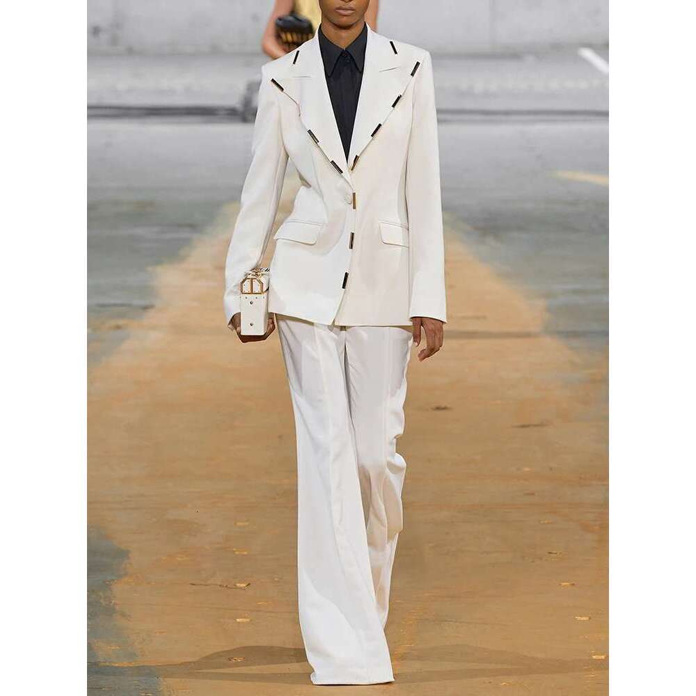 HIGH STREET Newest 2024 Designer Runway Suit Women's Single Button Metal Block Blazer Flare Pants Set