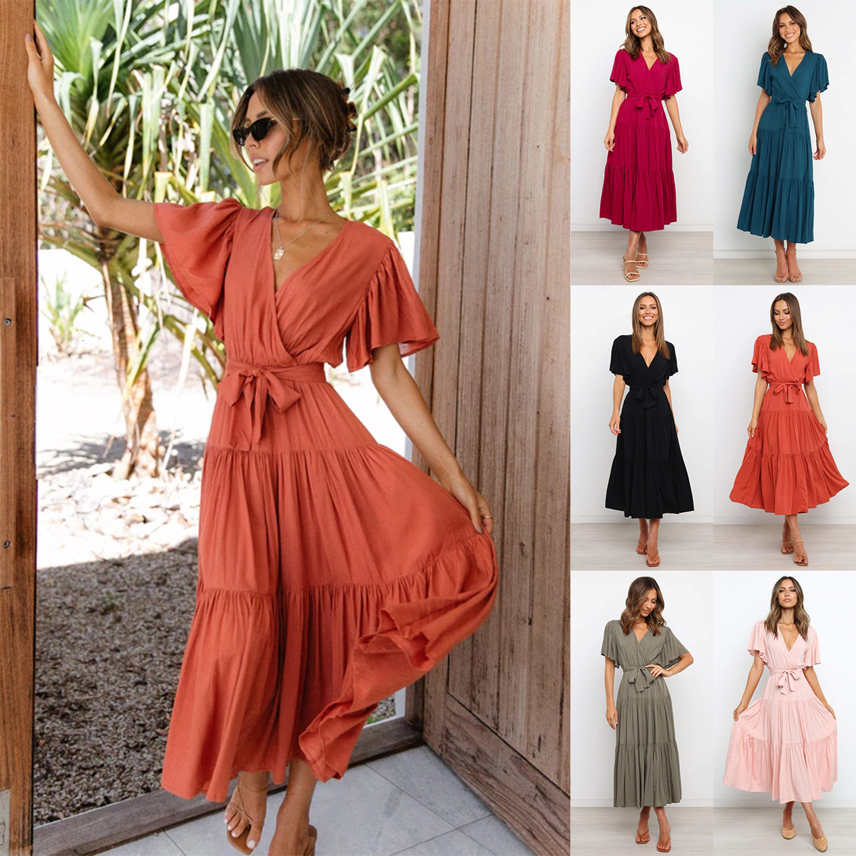 New V-neck commuter print short sleeve waist length skirt bohemian dress
