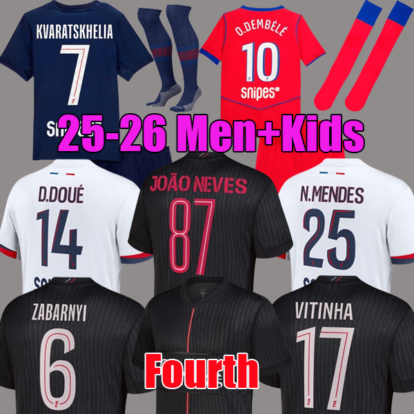 KVARATSKHELIA O.DEMBELE JOAO NEVES 25 26 soccer jerseys D.DOUE Maillot de football 2025 2026 HAKIMI N.MENDES BARCOLA PACHO jersey men kids sets maillot de foot enfants