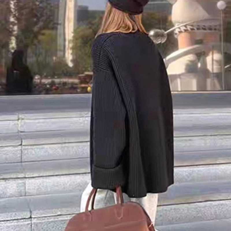 V-neck Single Breasted Simple Retro Solid Color Loose Fit Womens Knitted Cardigan Autumn and Winter Versatile New Sweater CoatT251125