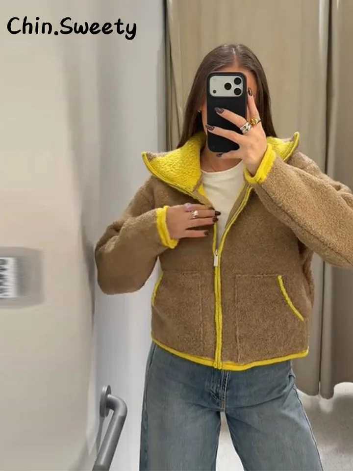 Casual Womens Contrast Color Knitted Coats Stand Collar Full Sleeve Zipper Pockets Jacket 2025 Autumn Winter Lady Warm OutwearT251125