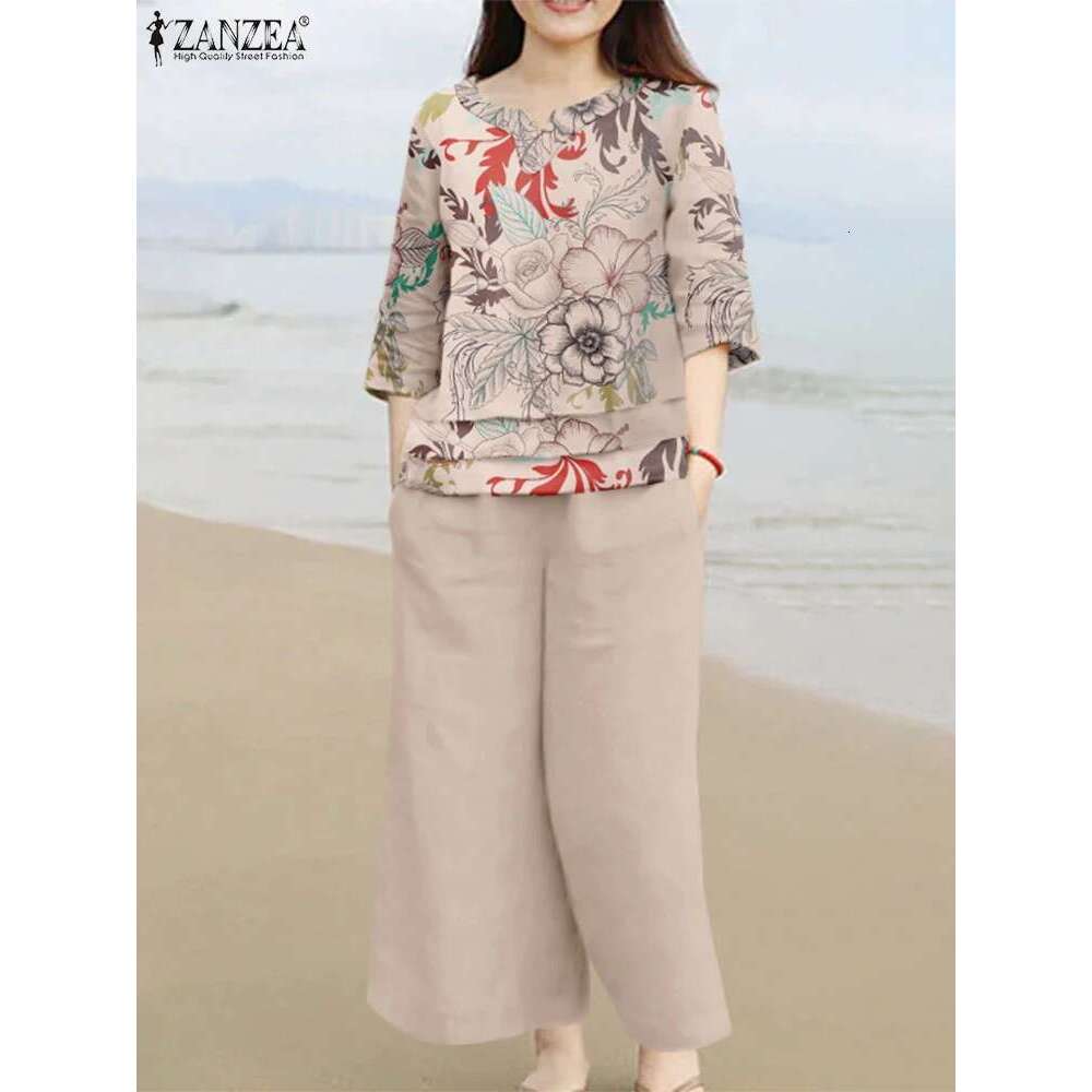 2024 ZANZEA Women Top 2Pcs Outifits Casual Holiday Solid Wide Leg Trouser Suits 2 Piece Set Floral Print Blouses Pant Sets