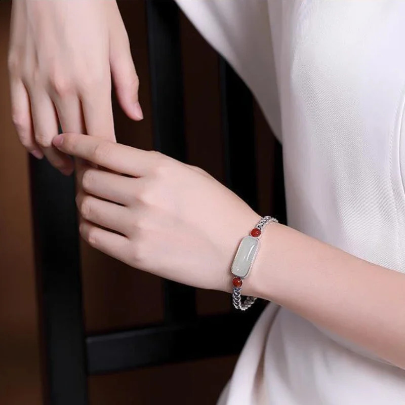 Natural an Jade Southern Red Tourmaline retro creative bracelet for women open bangles Original silver jewelry 250424