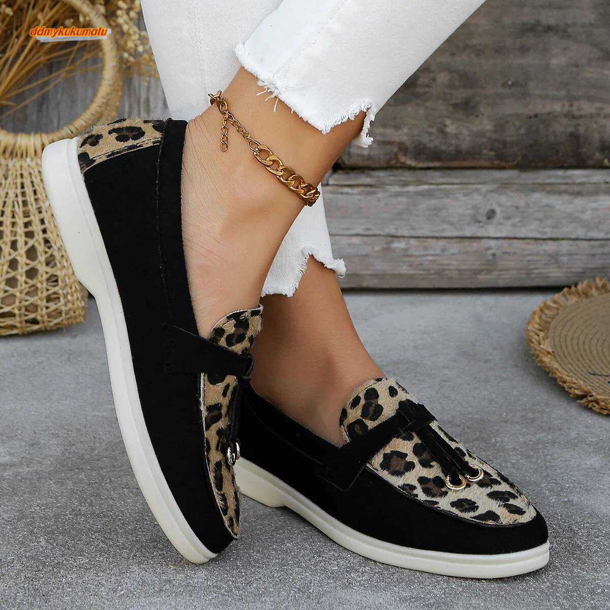 2024 New Leopard Splicing Flat Casual Brand Slip on Loafers Vulcanized Shoes Walking Single Sneakers Women ddmykukumalu