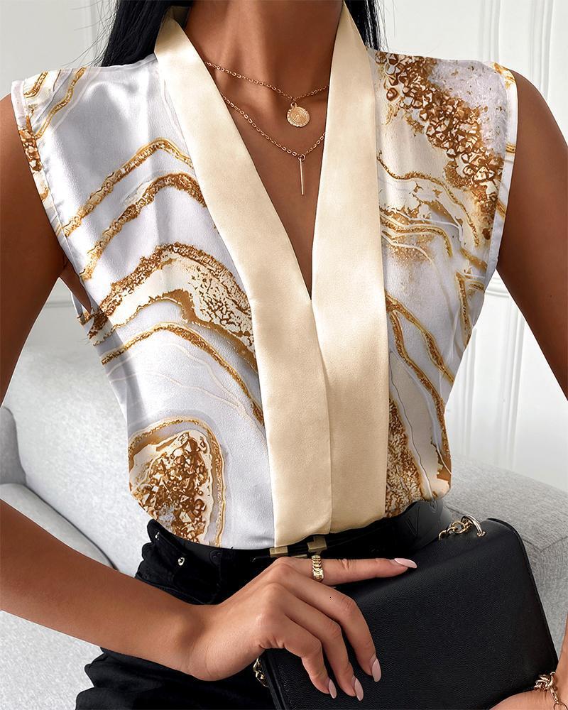 2023 Summer Fashion Casual Sleeveless V-neck Printed Shirt for Women