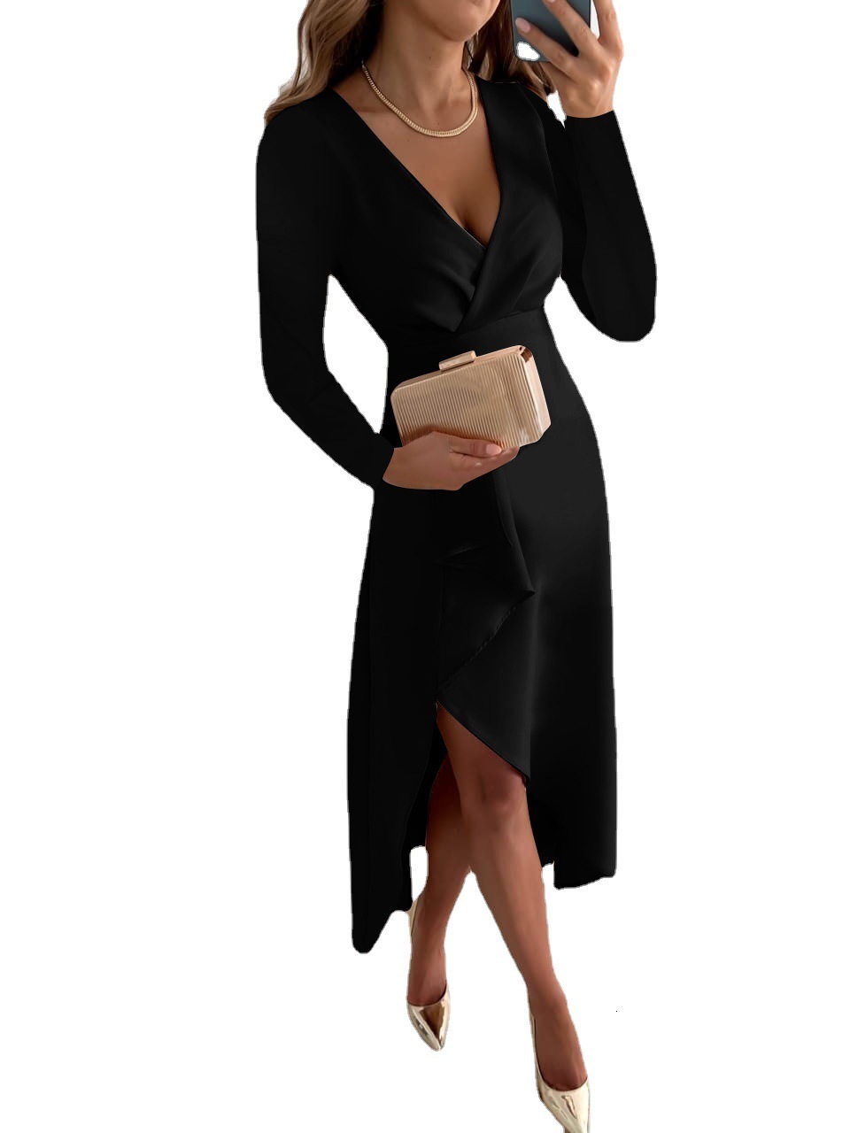 Autumn/Winter 2022 Long sleeve V-neck crinkle hem split dress for women