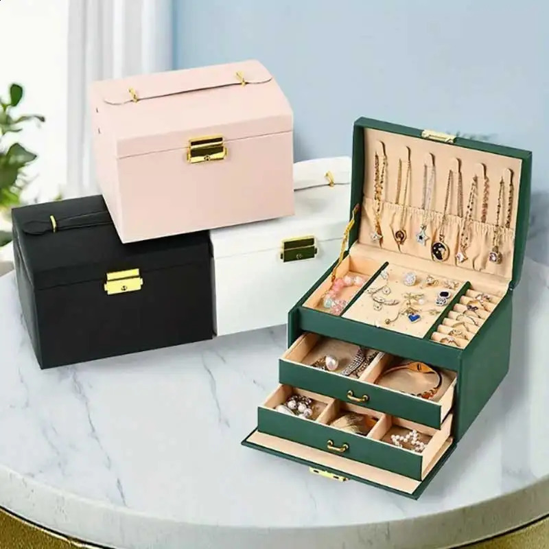 Three Drawer Handheld Jewellery Box Earring Ring Necklace Storage Box PU Leather Jewellery Display Box With Security Key Lock 250424