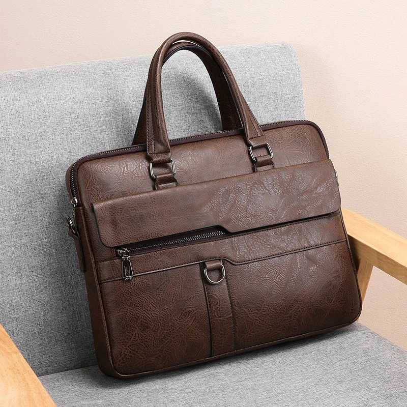 Mens Briefcase PU Leather Handbag Executive 14 Inch Laptop Document Shoulder Business Vintage Messenger Designer Lawyer BagT251125