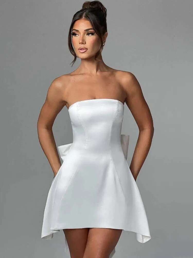 Dongdumaoyi Townlike Waist Wrap A Line Dress Women Off Shoulder Mini Spring Summer Bow Backless Nightclub Sexy Party Dresses