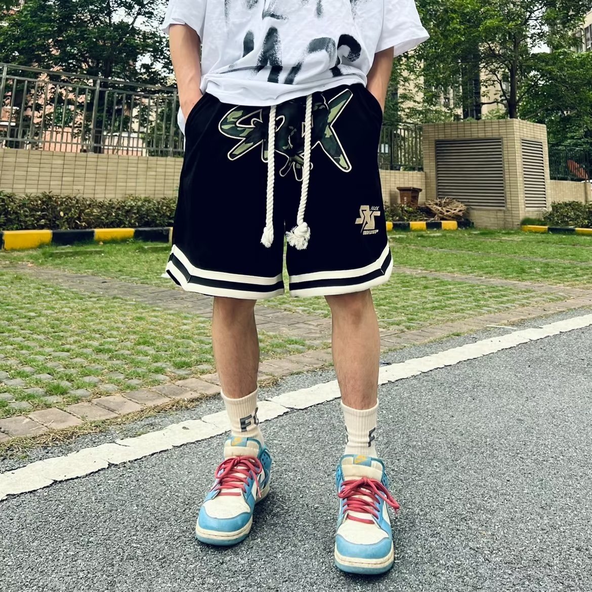 American new metal wire beach shorts men's summer sports versatile straight leg casual five quarter pants