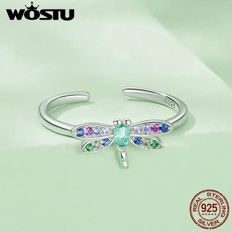 WOSTU 925 Sterling Silver Spring Jewelry Dragonfly Multi Color CZ Open Rings Women Butterfly Enamel Ring Birthday Party Gift 250425