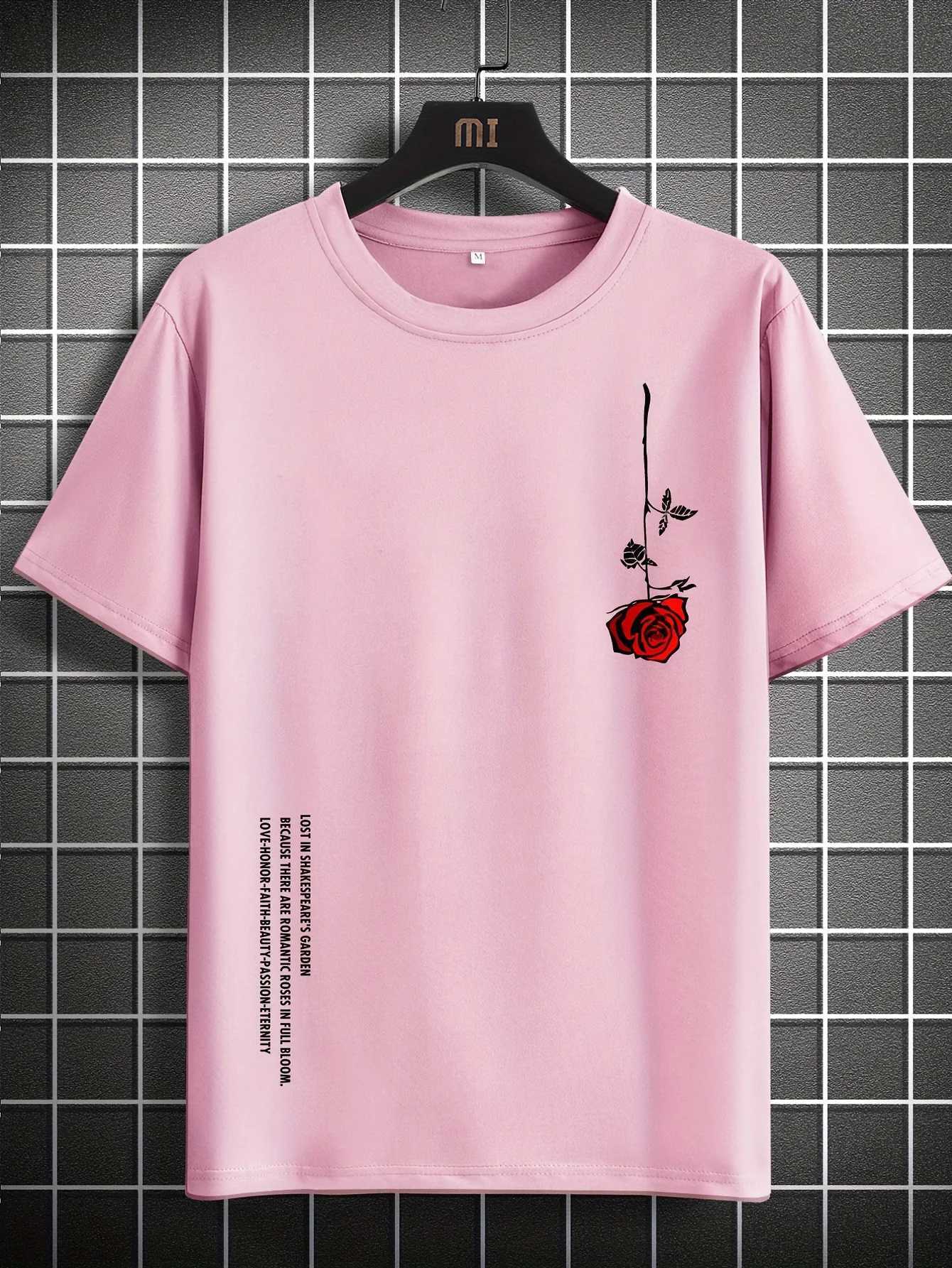 Mens summer loose fit 100% pure cotton rose print casual slim fit round neck short sleeved T-shirt top W250425