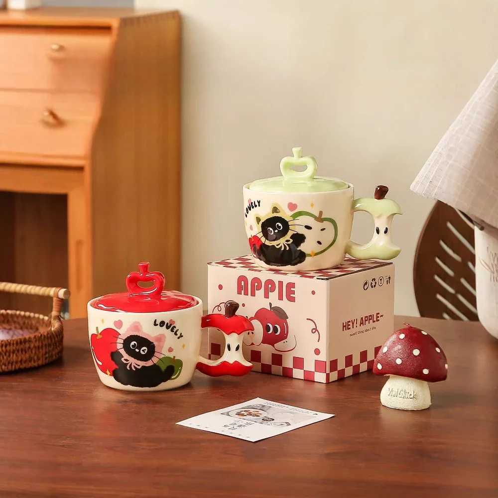 Creative Apple Cat Ceramic Mug High Beauty Capped Coffee Mugs Breakfast Milk Cup Couple Water Cups Birthday Gift Kawaii Cup Y251125