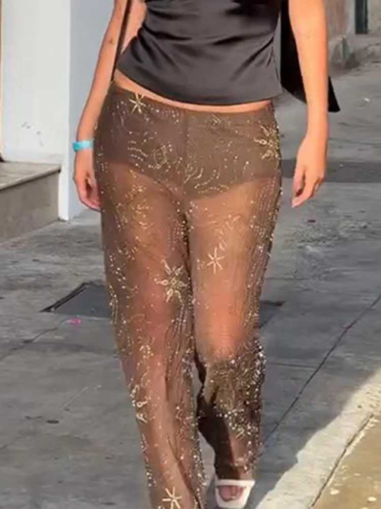 Sparkling beads diamonds snowflake pants womens embroidery straight party evening see through Trouser summer party womens pantsC250425