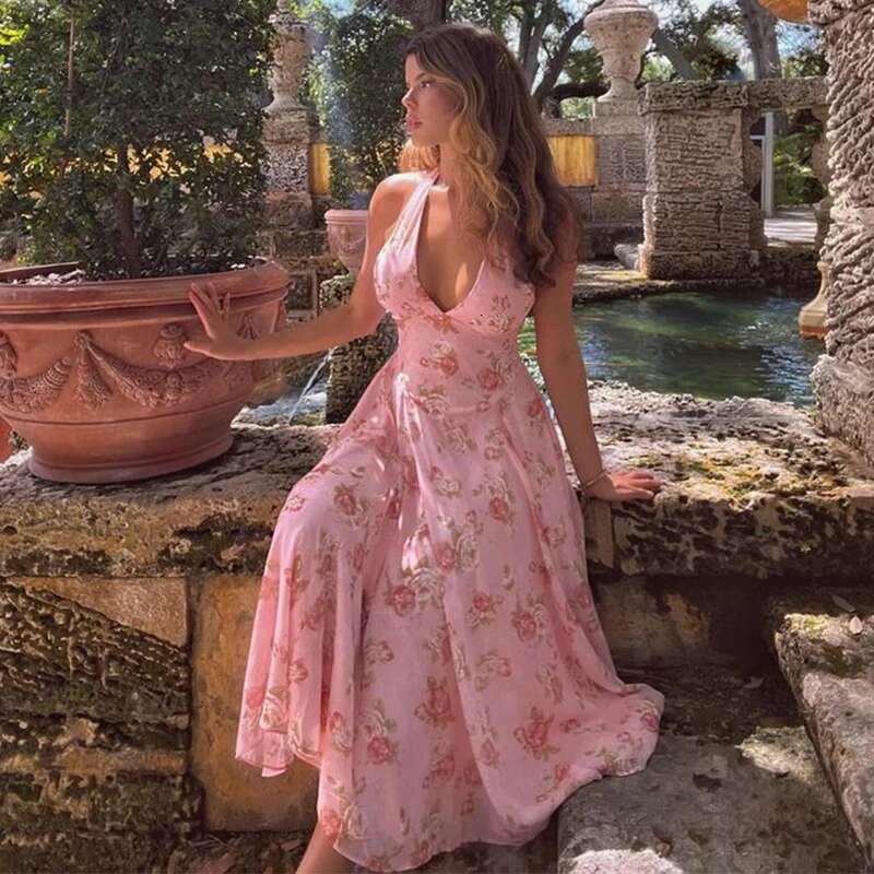 Dongdumaoyi Townlike Floral Print Waist Wrap A Line Dress Women Halter Summer Backless Sexy Party Elegant Midi Long Dresses