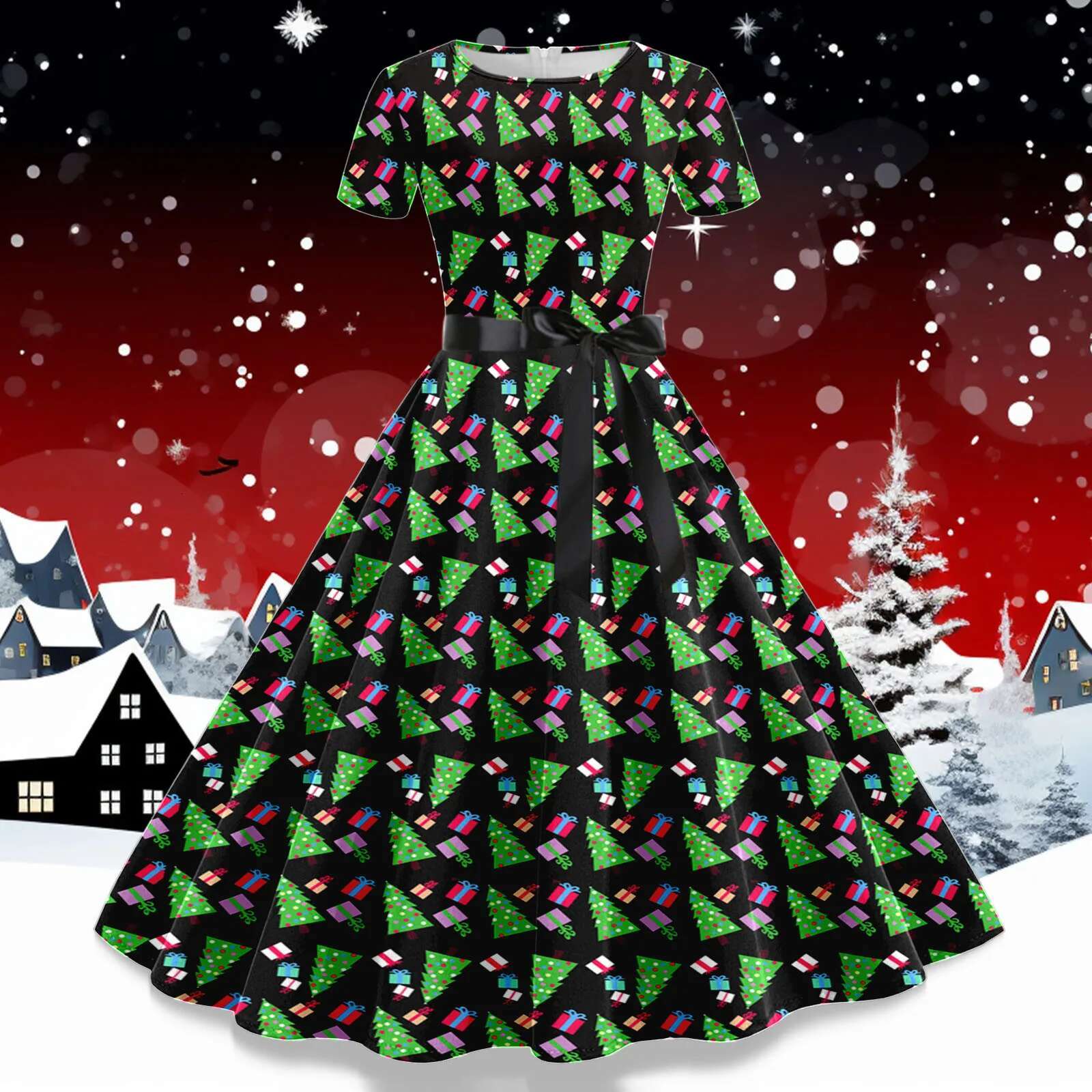 Dongdumaoyi Women S Fashion Christmas Print Dress Ladies Winter Casual Slim Short Sleeved Dresses Female Lace Splicing Hepburn Prom
