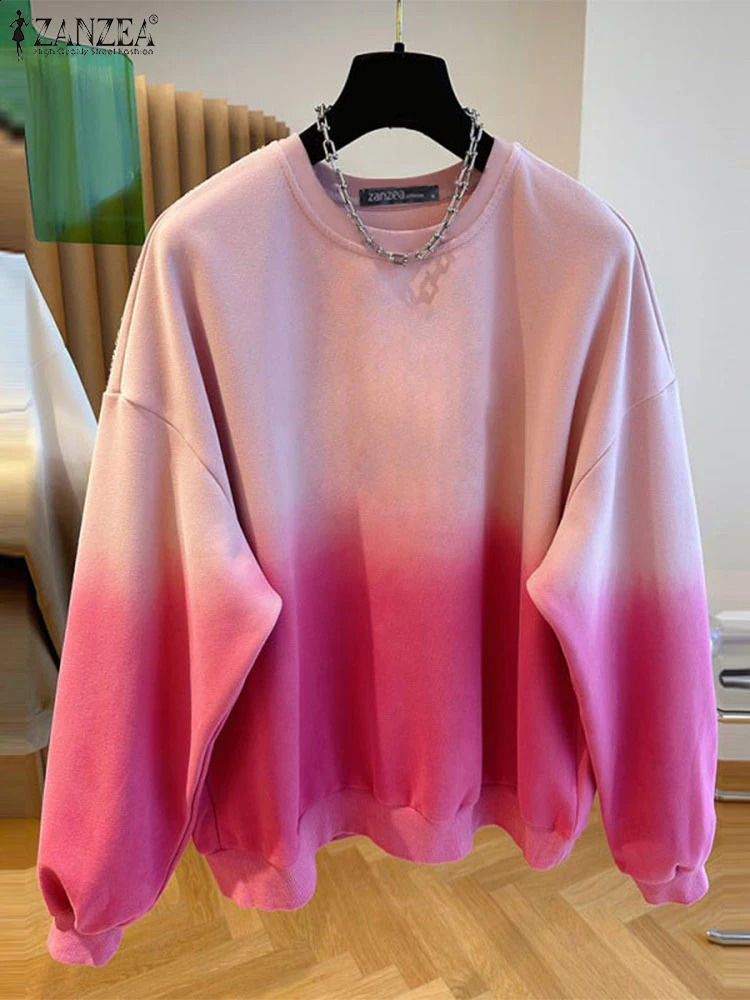 ZANZEA Fashion Communicating Simple Pulleys Womens Color Gradient Sweatshirt Casual Long Sleeve Loose O-Neck Hoodie Autumn 250423