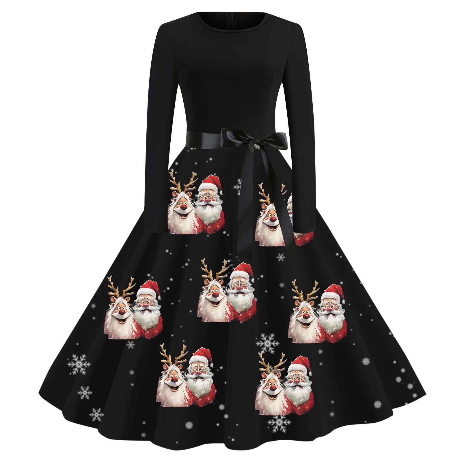 Dongdumaoyi Winter Christmas Dresses Women S Vintage Robe Swing Pinup Elegant Party Dress Long Sleeve Casual Print Black Vestido