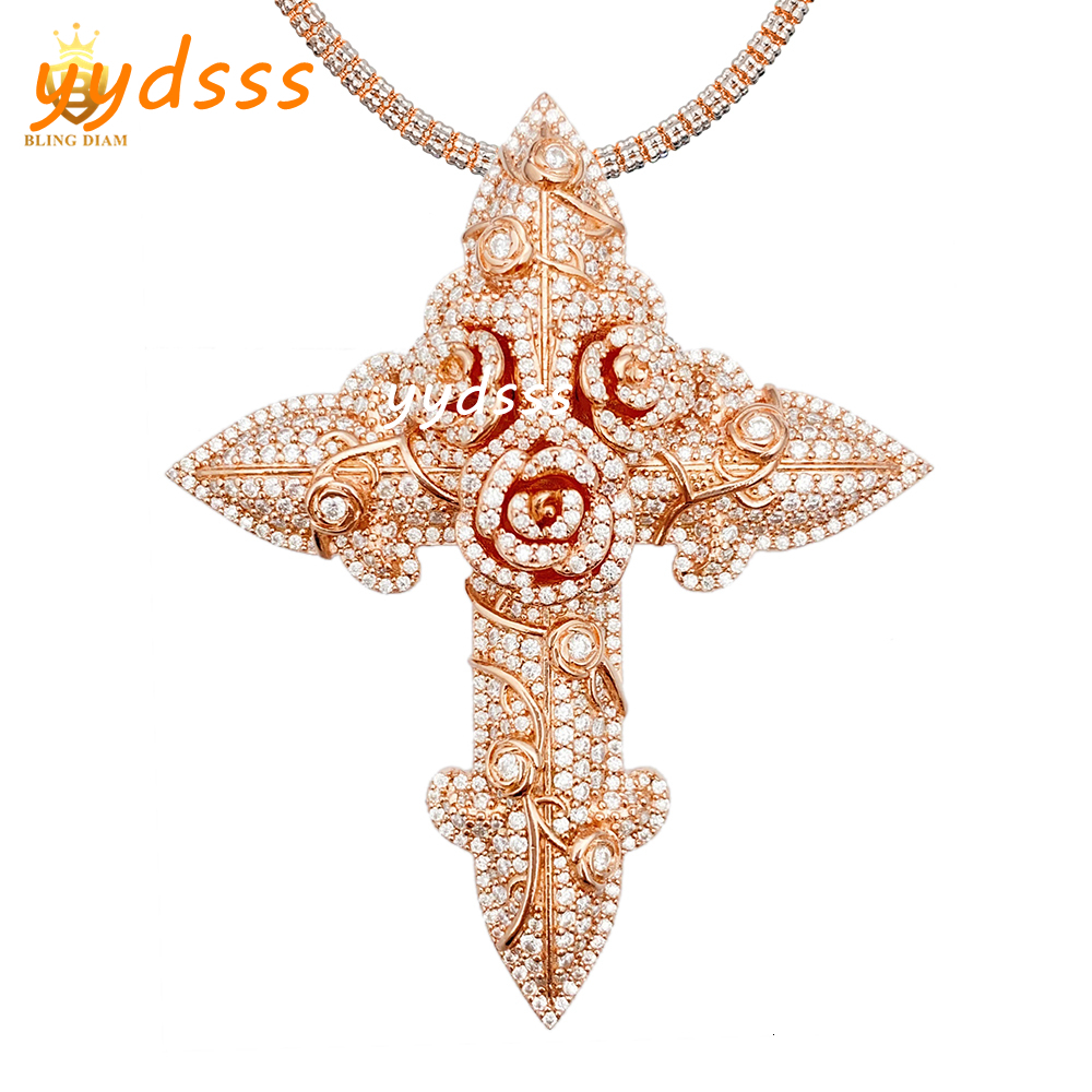 In Stock Fashion Hip Hop Jewelry Rose Flower Cross Pendant Necklace VVS Moissanite 925 Sterling Silver