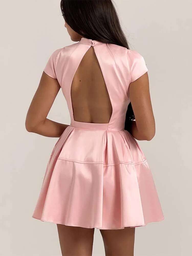 Dongdumaoyi Townlike Elegant Waist Wrap A Line Dress Women Turtleneck Mini Spring Summer Backless Nightclub Sexy Party Dresses