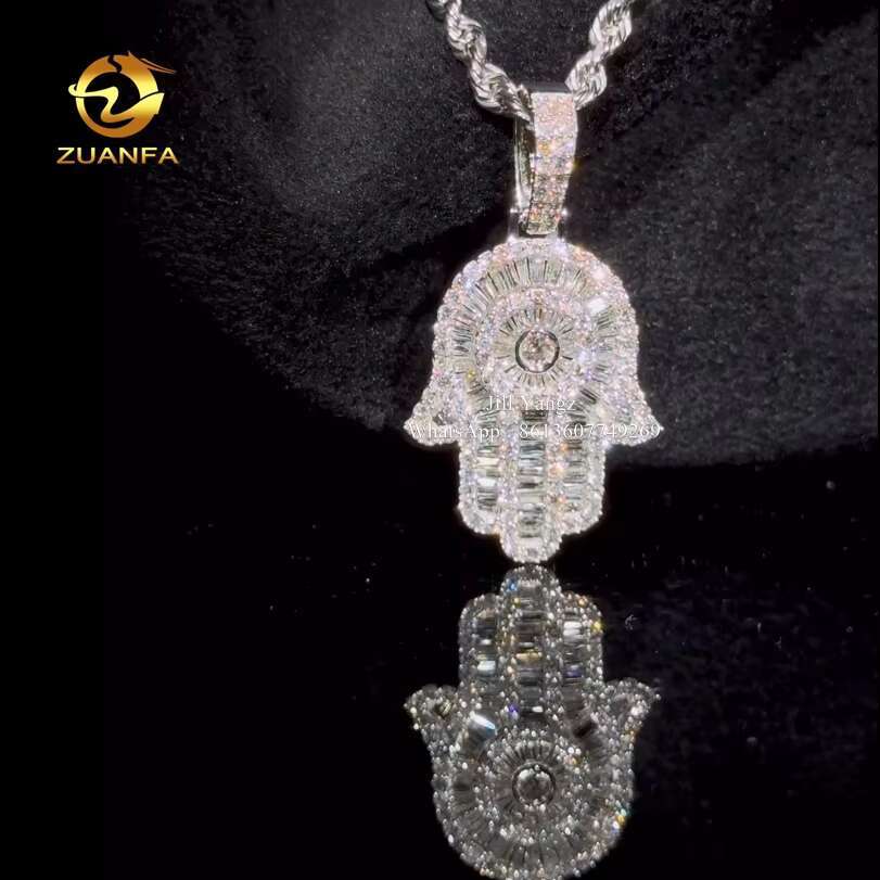 Lucky Charm Custom Baguette Diamond Moissanite Hamsa Hand Pendants Fatima Hand Iced Out Jewelry Gift for Girlfriend