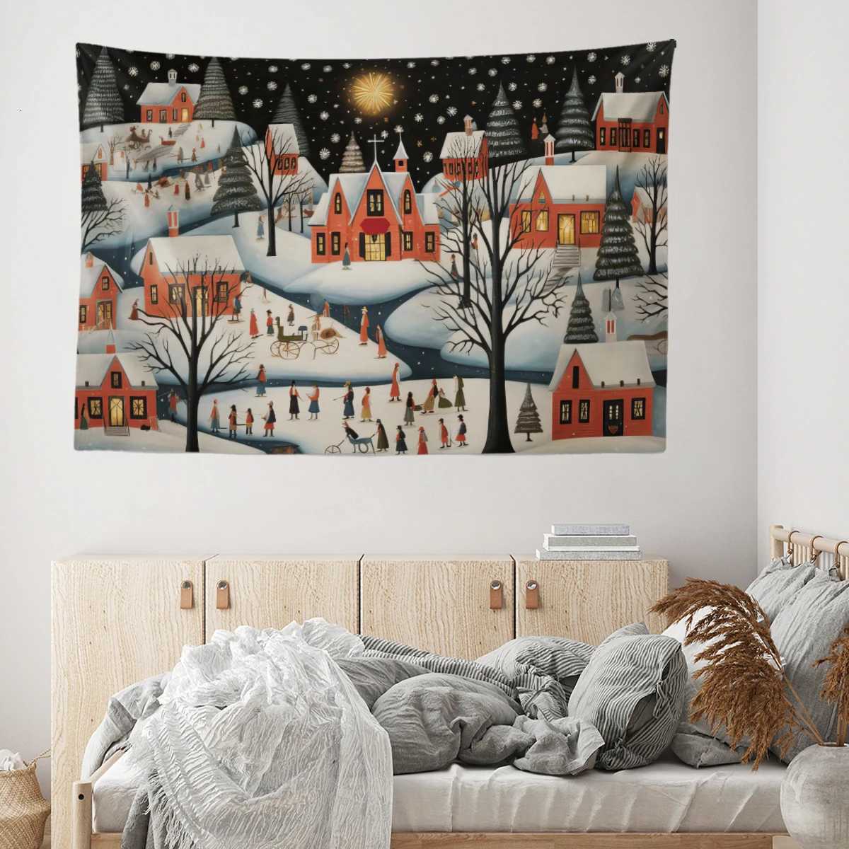 1pc Christmas Town Print 90g Festival Tapestry Multi Size Living Room Bedroom Wall Decoration Background Cloth Machine WashableM251125
