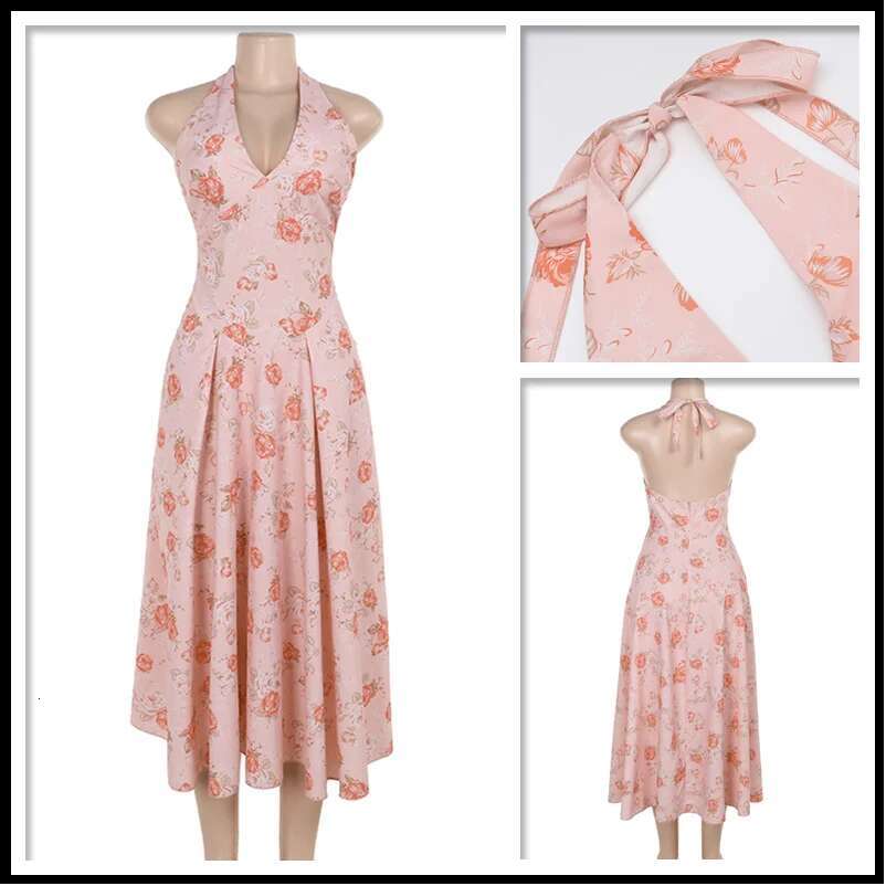Dongdumaoyi Townlike Floral Print Waist Wrap A Line Dress Women Halter Summer Backless Sexy Party Elegant Midi Long Dresses