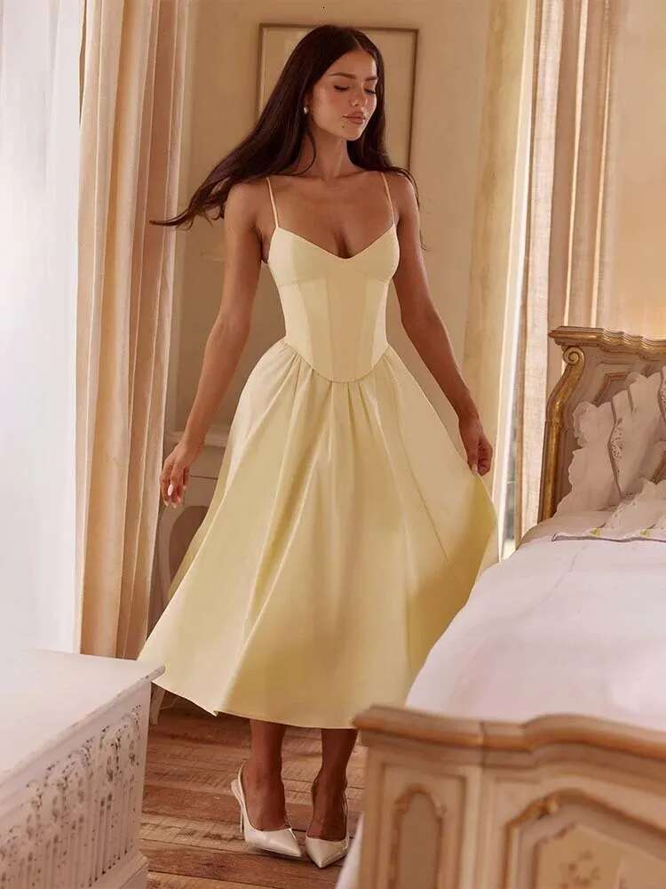 Dongdumaoyi Townlike Elegant Midi Long Waist Wrap A Line Dress Women Spaghetti Strap Spring Summer Nightclub Sexy Party Dresses