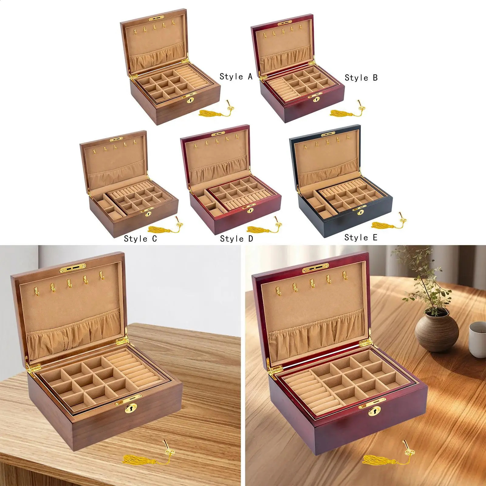 Wooden Jewelry Box with Lock and Key 2 Tier Lockable for Men Women Jewelry Display Case Trinket Box Organization Container 250424