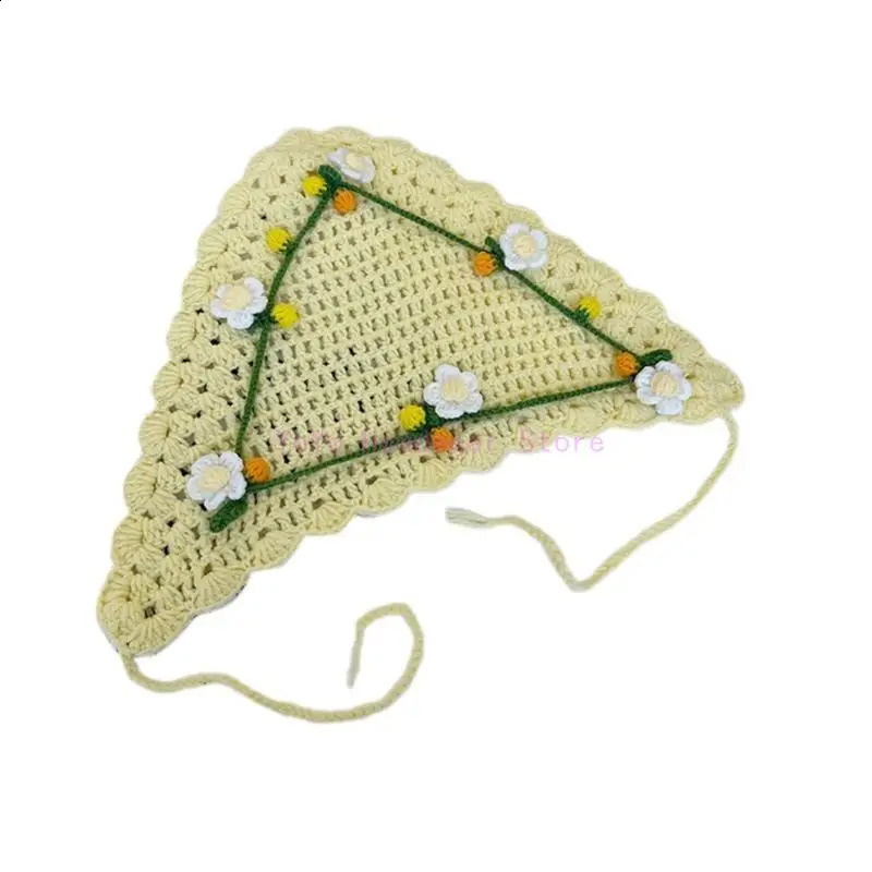 Handmade Knitted Hair Scarf Flower Pattern Headwear Outdoor Girl Kerchiefs P00E 250423