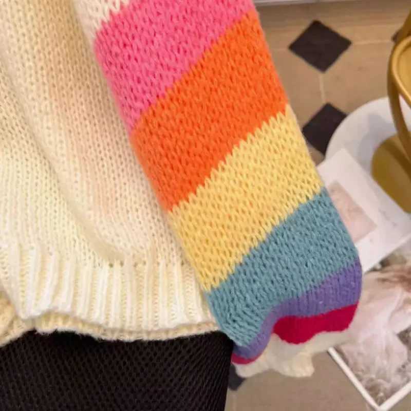 Rainbow Striped Knitted Cardigan for Women Teen-girl Cozy Soft Mohair Button Front Sweater Jacket Winter Autumn Y2K OutfitT251125