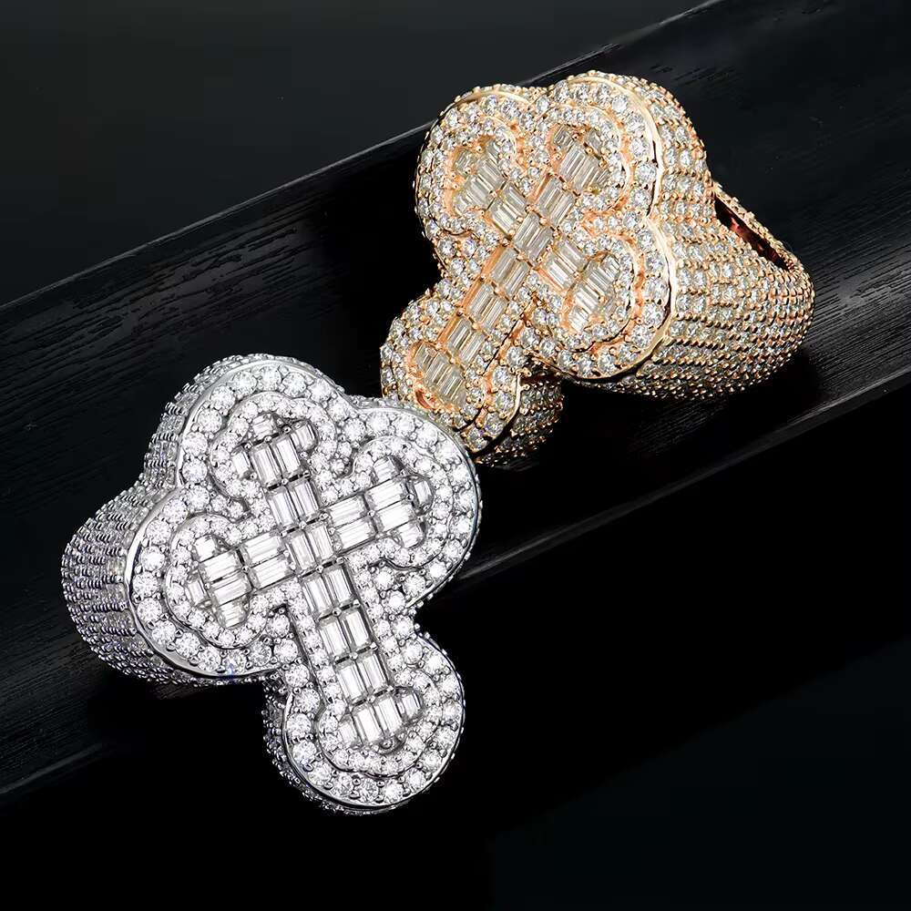 Mens Fully Iced Out 14K Gold Plated Hip Hop Rings Moissanite Ring for Men Punky Rapper Style Baguette Cross Pinky Ring