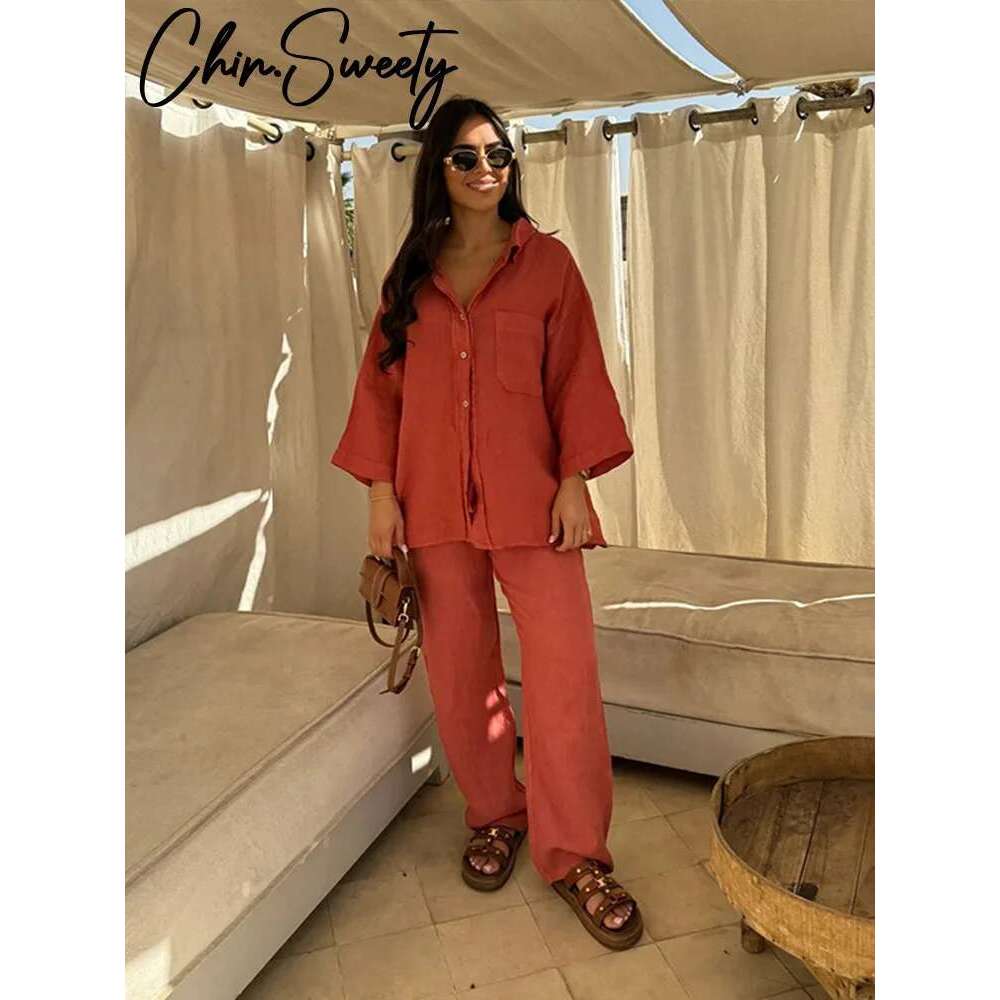 Vintage Solid Trousers Suit Women Single Breasted Long Sleeve Shirt Wide Leg Pants Set Female Summer New Lady Streetwear