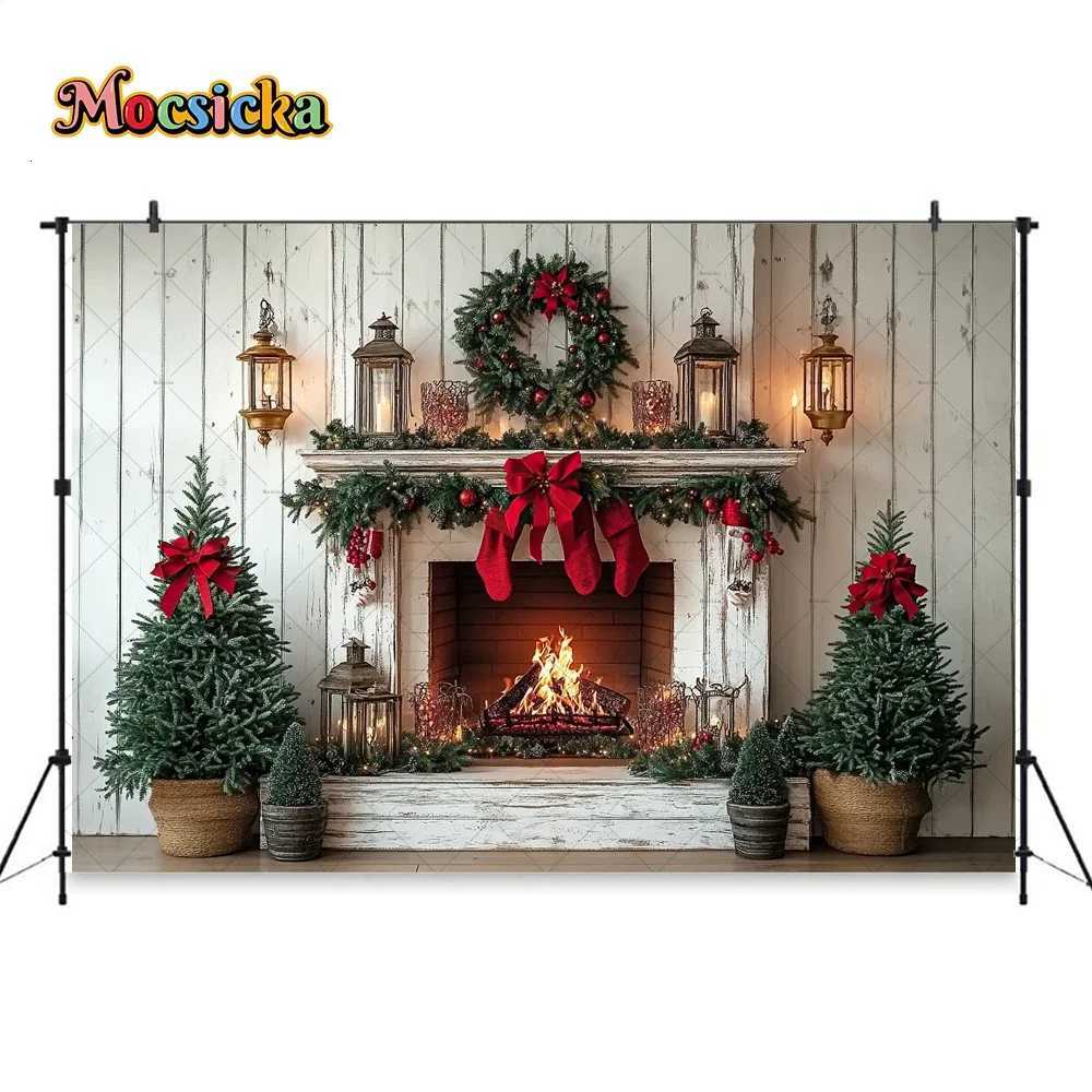 White Christmas Fireplace Room Background Photography Xmas Tree Garland Red Bow Lantern Backdrop Winter Family Photozone StudioM251125
