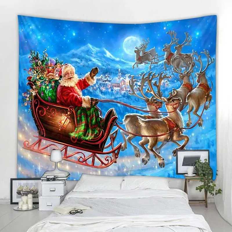 Santa Claus and Christmas Tree Fireplace Printing Decoration Tapestry Christmas Decoration Bohemian Wallcloth Mandala Home DecorM251125
